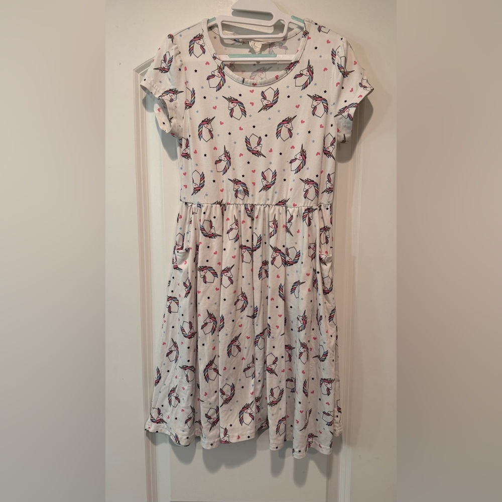 Girls White Unicorn Print Short-Sleeve Casual Dress